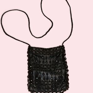 Vintage Black Beaded Micro Crossbody Bag Fringe Phone Pouch